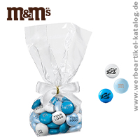 Personalisierte M&MS im Tütchen mit Schleife -mit bekannter Markenschokolade als kleines Geschenk für Kunden, Mitarbeiter und Geschäftspartner.