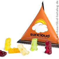 Mini Tetraeder, bedruckte Fruchtgummi Tütchen mit Ihrem Logo!