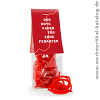 Naschbeutel Roter Faden, Sssigkeiten mit Werbung im Digitaldruck. 